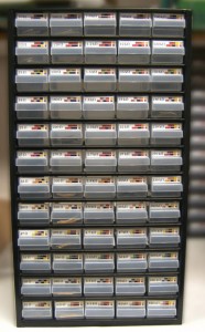 An assortment cabinet labelled for resistors in the E12 series stretching over 5 decades from 10Ω to 820kΩ