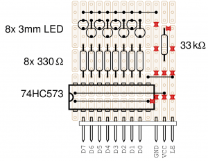 The same circuit as a through-the-hole layout for my favorite stripboards with 3-hole copper islands.