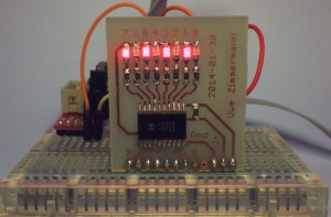 The final board on a breadboard for testing. The bits are controlled in the background by a dip-switch.