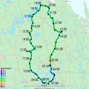 Map output from the GPSVisualizer. The color represents my speed. Also indicated the time.