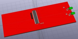 KiCAD 3D rendering of the circuit board, showing the microcontroller, ISP connector and IR LEDs on the rear side.