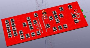 KiCAD #D rendering of the circuit board, showing the button matrix.