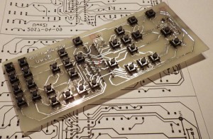 Front side of the finished circuit board with all 32 smd push-buttons in place.